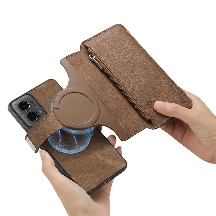 CASENEO MW-02 Para Motorola Moto G 5G (2024) Capa Carteira com Zíper Couro Destacável - Marrom