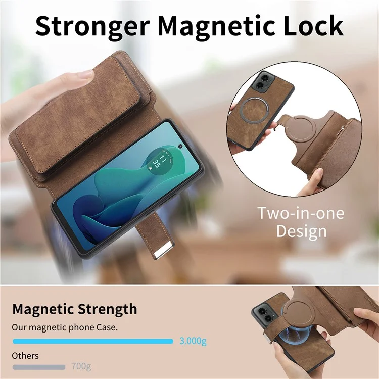 CASENEO MW-02 Para Motorola Moto G 5G (2024) Capa Carteira com Zíper Couro Destacável - Marrom