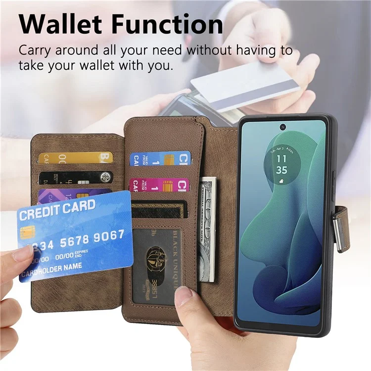 CASENEO MW-02 Para Motorola Moto G 5G (2024) Capa Carteira com Zíper Couro Destacável - Marrom