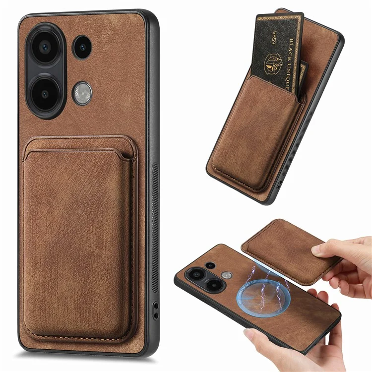 For Xiaomi Redmi Note 13 4G Case Compatible with MagSafe Leather Back Cover with Detachable Card Holder - Brown
