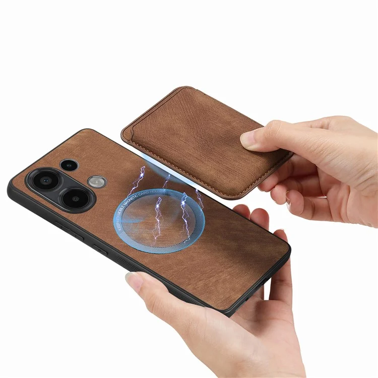 For Xiaomi Redmi Note 13 4G Case Compatible with MagSafe Leather Back Cover with Detachable Card Holder - Brown