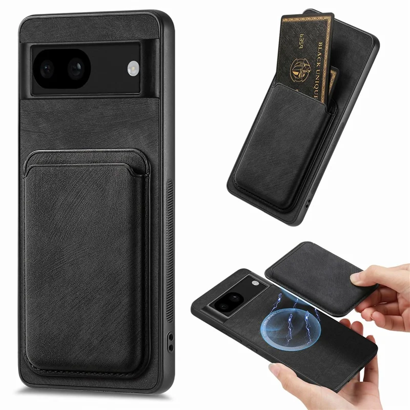 For Google Pixel 8a Case Magnetic Case Leather Back Cover with Detachable Card Holder - Black