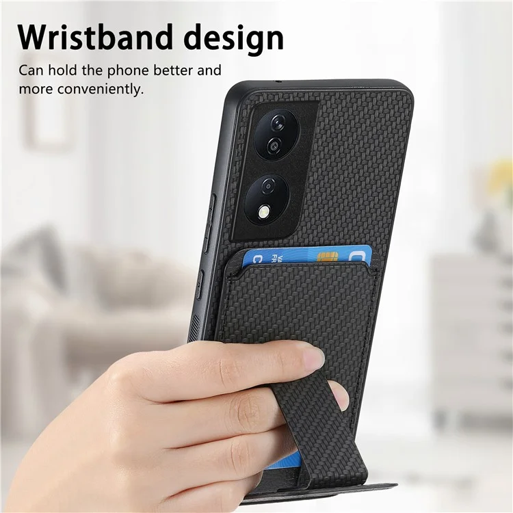 C1-11 per Honor 90 Smart / X7b 4G Custodia Supporto per Schede in Fibra di Carbonio Texture Pelle Rivestita in TPU - Nero
