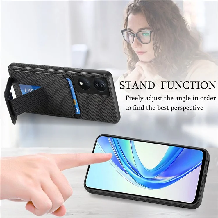 C1-11 per Honor 90 Smart / X7b 4G Custodia Supporto per Schede in Fibra di Carbonio Texture Pelle Rivestita in TPU - Nero