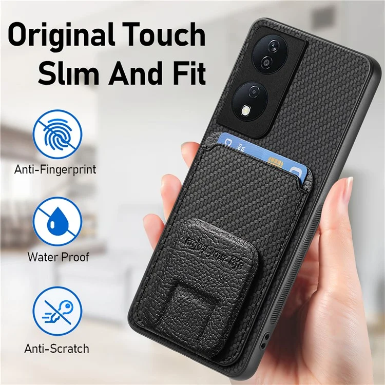 C1-11 per Honor 90 Smart / X7b 4G Custodia Supporto per Schede in Fibra di Carbonio Texture Pelle Rivestita in TPU - Nero
