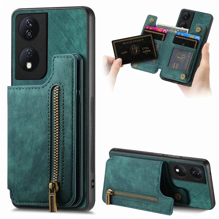 D15 For Honor X7b 4G / 90 Smart Case con Portacard in Pelle Retrò+Custodia per Telefono Zipper in TPU - Verde