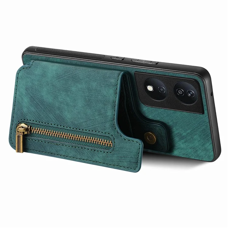 D15 For Honor X7b 4G / 90 Smart Case con Portacard in Pelle Retrò+Custodia per Telefono Zipper in TPU - Verde