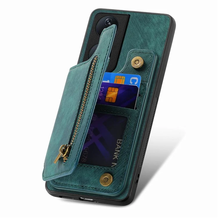 D15 For Honor X7b 4G / 90 Smart Case con Portacard in Pelle Retrò+Custodia per Telefono Zipper in TPU - Verde