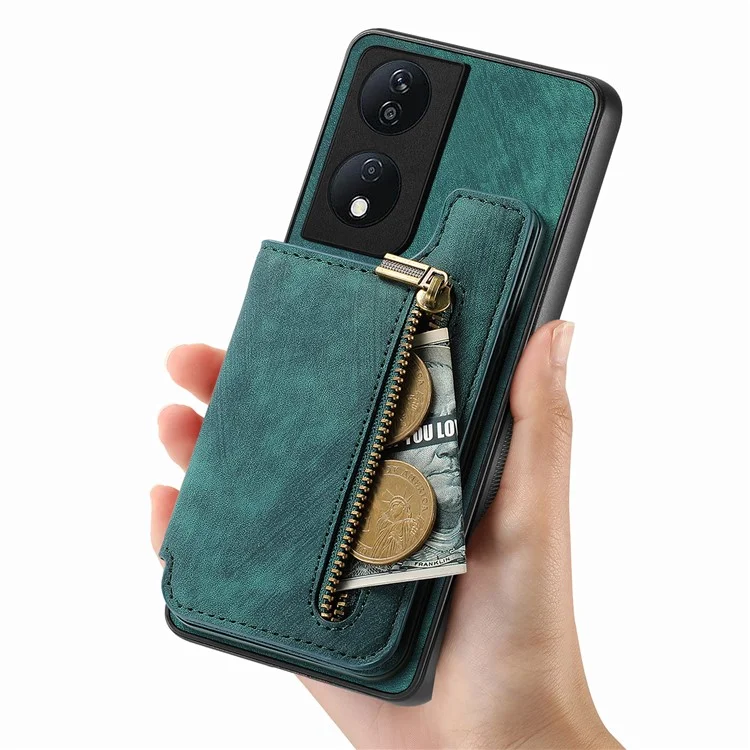 D15 For Honor X7b 4G / 90 Smart Case con Portacard in Pelle Retrò+Custodia per Telefono Zipper in TPU - Verde