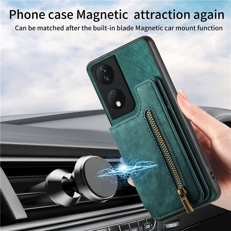 D15 For Honor X7b 4G / 90 Smart Case con Portacard in Pelle Retrò+Custodia per Telefono Zipper in TPU - Verde