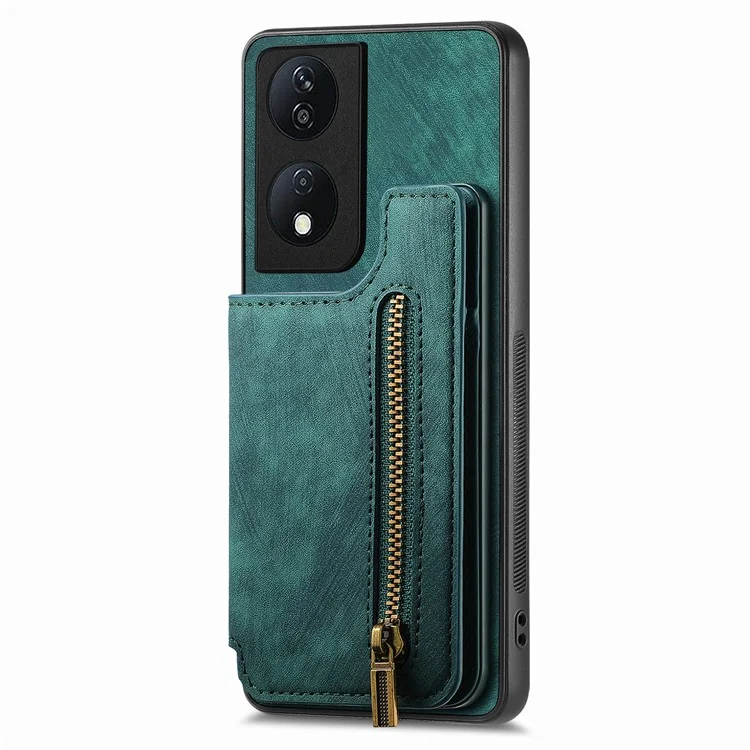 D15 For Honor X7b 4G / 90 Smart Case con Portacard in Pelle Retrò+Custodia per Telefono Zipper in TPU - Verde