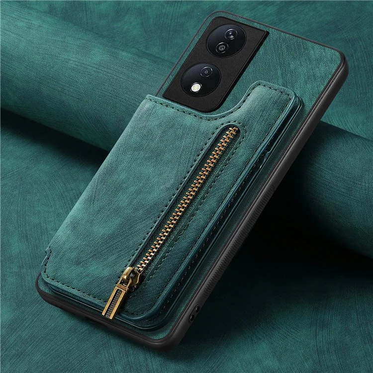 D15 For Honor X7b 4G / 90 Smart Case con Portacard in Pelle Retrò+Custodia per Telefono Zipper in TPU - Verde