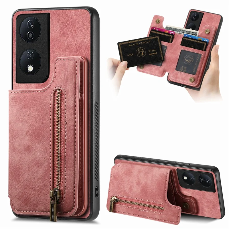 D15 til Honor X7b 4G / 90 Smart Case med kortlomme Retro læder+TPU lynlås telefonbeskytning - Pink