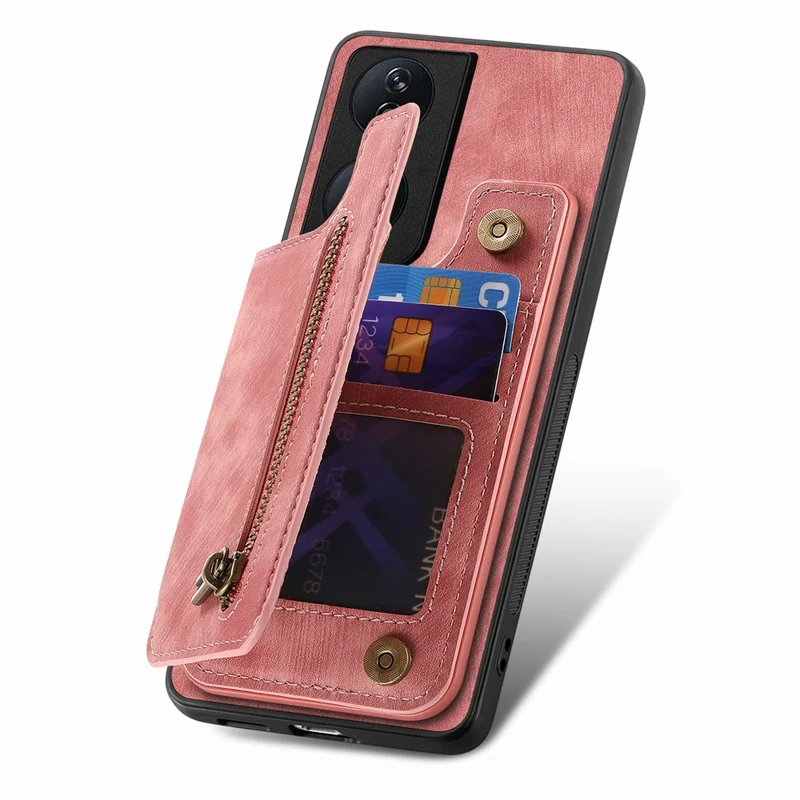 D15 til Honor X7b 4G / 90 Smart Case med kortlomme Retro læder+TPU lynlås telefonbeskytning - Pink