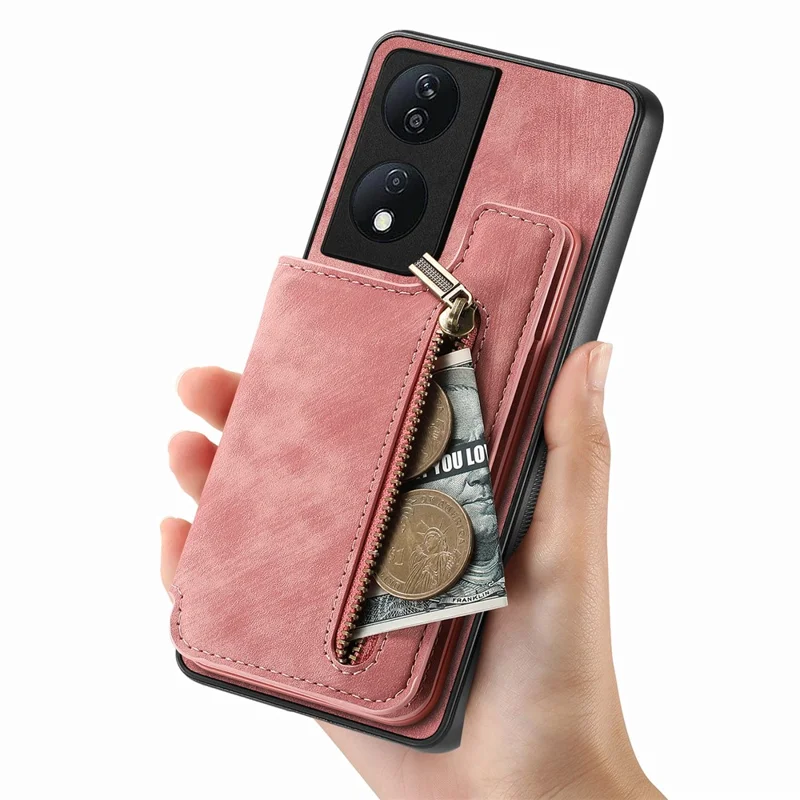 D15 til Honor X7b 4G / 90 Smart Case med kortlomme Retro læder+TPU lynlås telefonbeskytning - Pink