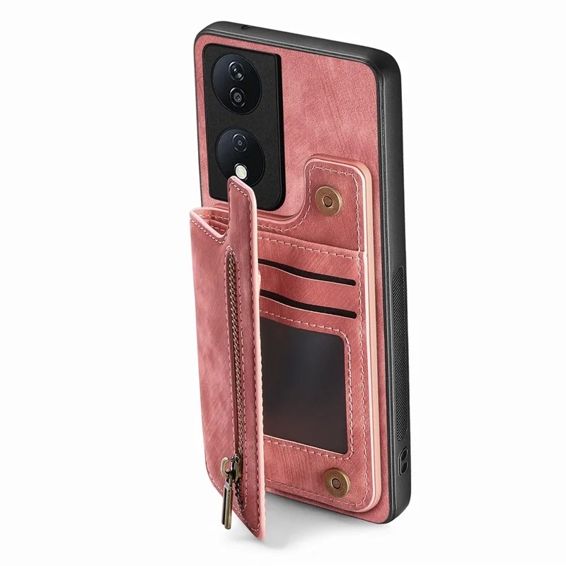 D15 til Honor X7b 4G / 90 Smart Case med kortlomme Retro læder+TPU lynlås telefonbeskytning - Pink
