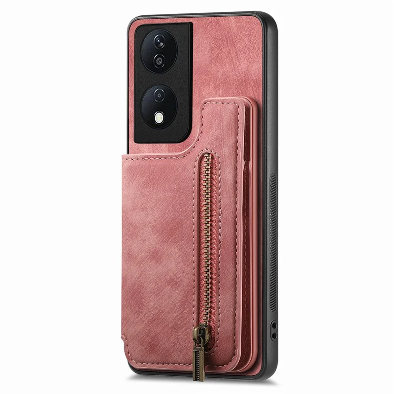 D15 til Honor X7b 4G / 90 Smart Case med kortlomme Retro læder+TPU lynlås telefonbeskytning - Pink