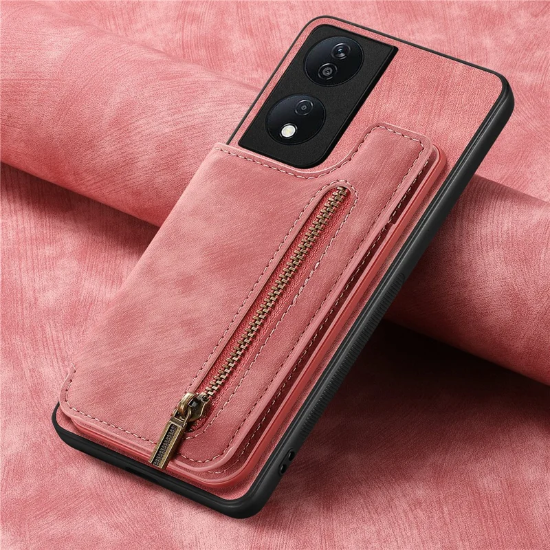 D15 til Honor X7b 4G / 90 Smart Case med kortlomme Retro læder+TPU lynlås telefonbeskytning - Pink