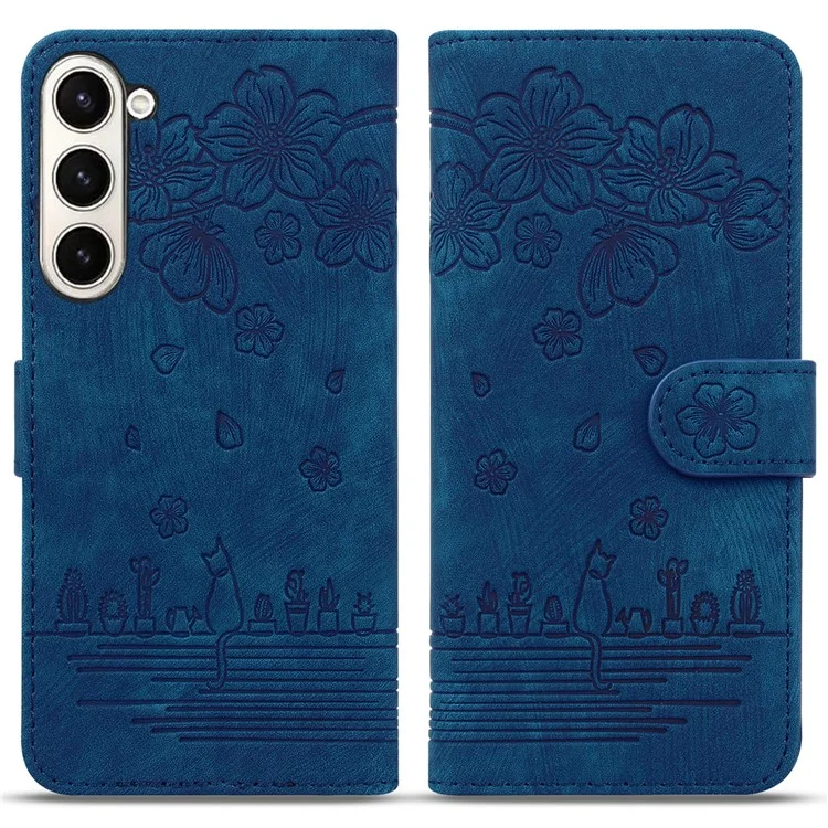 For Samsung Galaxy Z Fold6 5G Case Leather + PC Phone Cover Cherry Blossom Cat Pattern - Blue