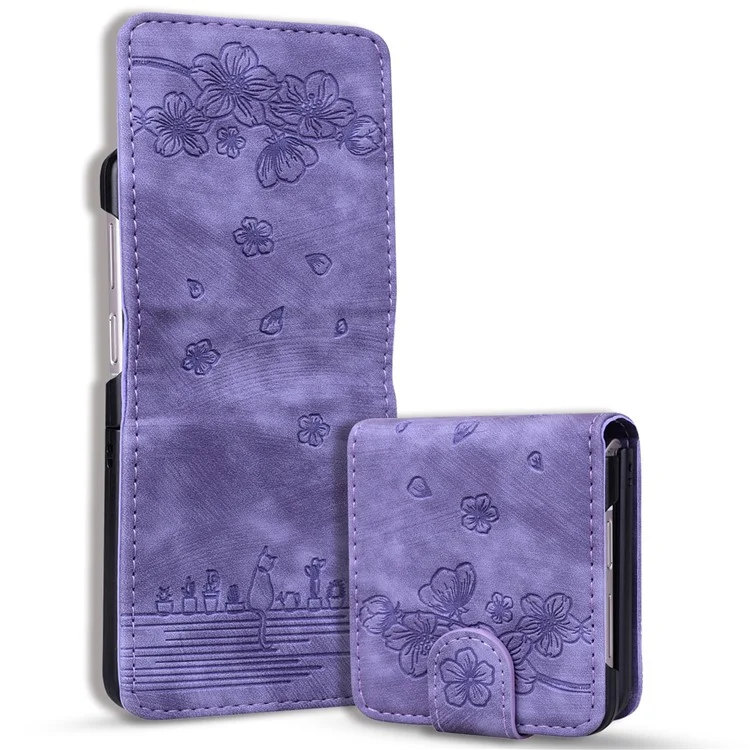 For Samsung Galaxy Z Flip6 5G Case Leather + PC Cherry Blossom Phone Cover Card Holder - Púrpura
