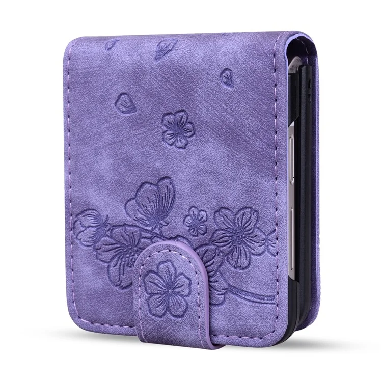 For Samsung Galaxy Z Flip6 5G Case Leather + PC Cherry Blossom Phone Cover Card Holder - Púrpura