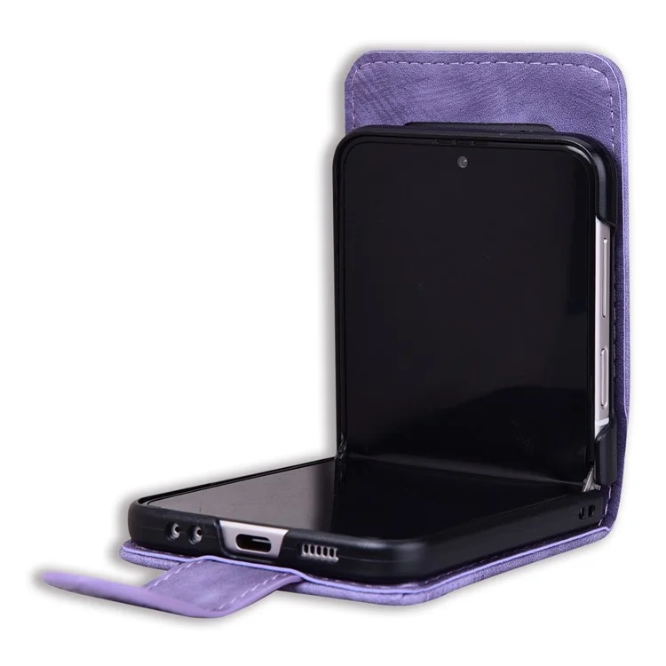 For Samsung Galaxy Z Flip6 5G Case Leather + PC Cherry Blossom Phone Cover Card Holder - Púrpura