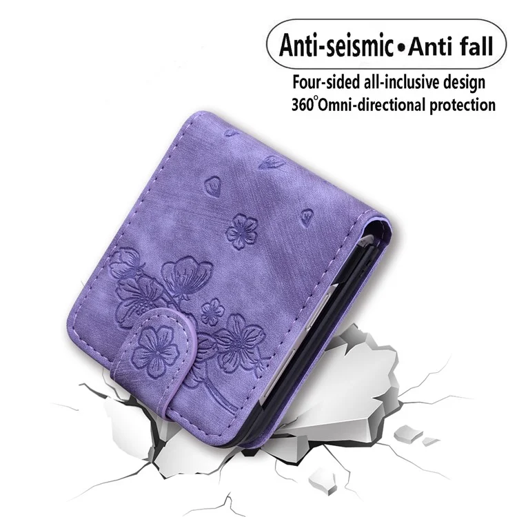 For Samsung Galaxy Z Flip6 5G Case Leather + PC Cherry Blossom Phone Cover Card Holder - Púrpura