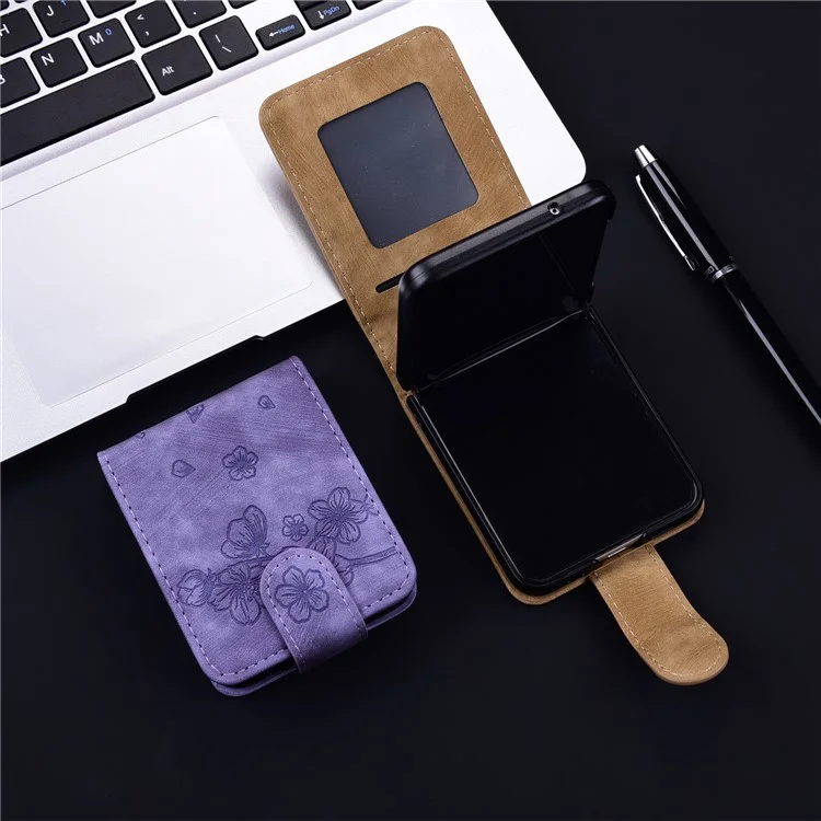 For Samsung Galaxy Z Flip6 5G Case Leather + PC Cherry Blossom Phone Cover Card Holder - Púrpura