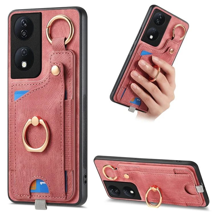 D6 For Honor X7b 4G / 90 Étui intelligent avec fentes pour cartes en cuir + TPU et boucle anneau - Rose