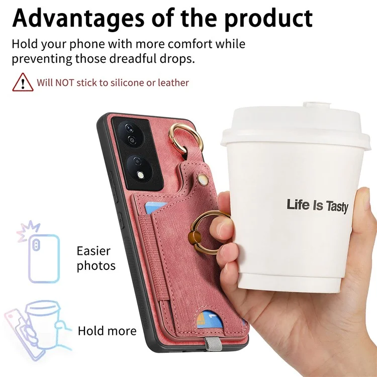 D6 For Honor X7b 4G / 90 Étui intelligent avec fentes pour cartes en cuir + TPU et boucle anneau - Rose