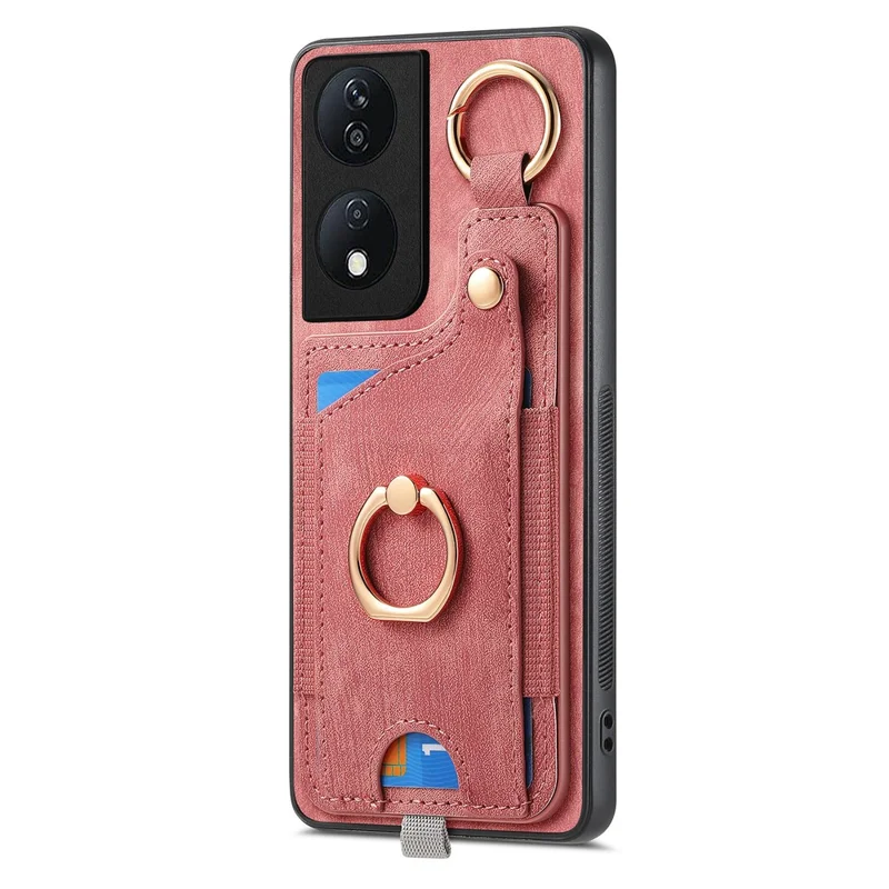 D6 For Honor X7b 4G / 90 Étui intelligent avec fentes pour cartes en cuir + TPU et boucle anneau - Rose