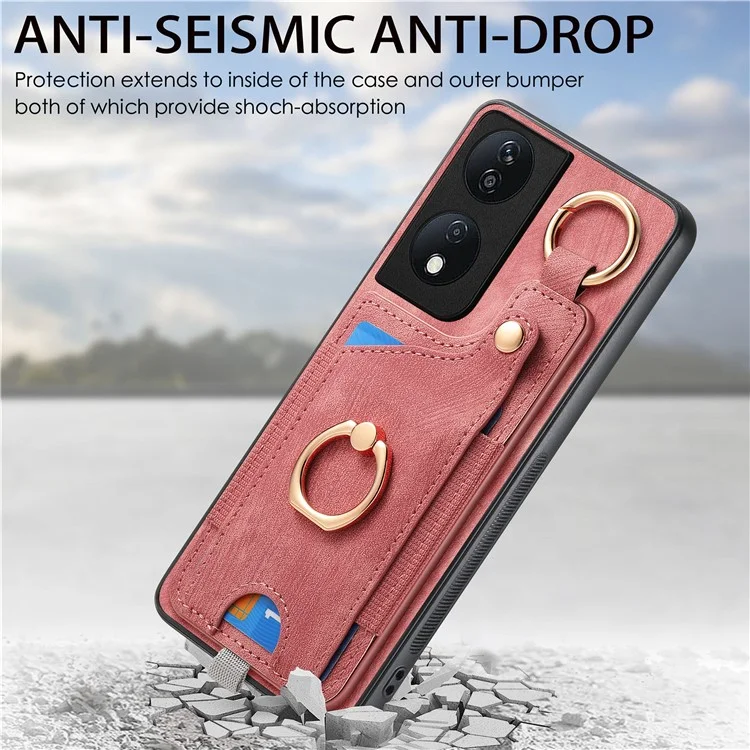 D6 For Honor X7b 4G / 90 Étui intelligent avec fentes pour cartes en cuir + TPU et boucle anneau - Rose