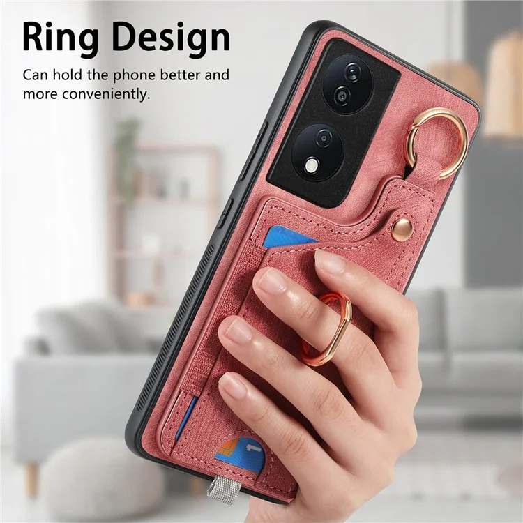 D6 For Honor X7b 4G / 90 Étui intelligent avec fentes pour cartes en cuir + TPU et boucle anneau - Rose