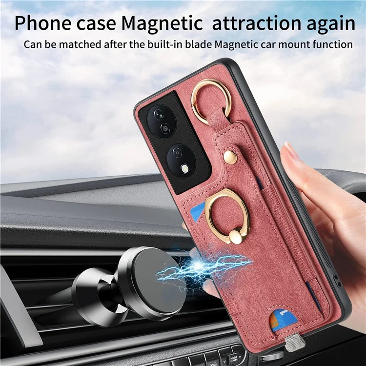 D6 For Honor X7b 4G / 90 Étui intelligent avec fentes pour cartes en cuir + TPU et boucle anneau - Rose