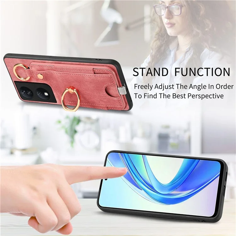 D6 For Honor X7b 4G / 90 Étui intelligent avec fentes pour cartes en cuir + TPU et boucle anneau - Rose