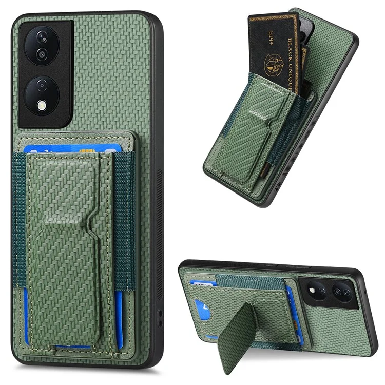 C1-13 For Honor 90 Smart / X7b 4G Case Card Holder Carbon Fiber Texture Leather+TPU Cover - Vert