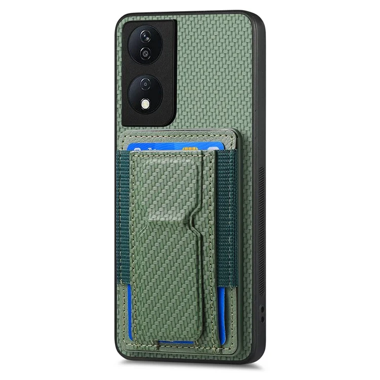 C1-13 For Honor 90 Smart / X7b 4G Case Card Holder Carbon Fiber Texture Leather+TPU Cover - Vert