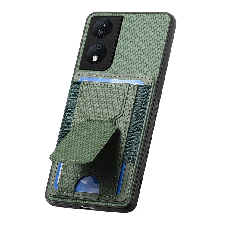 C1-13 For Honor 90 Smart / X7b 4G Case Card Holder Carbon Fiber Texture Leather+TPU Cover - Vert