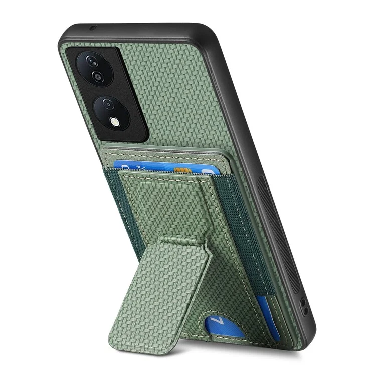 C1-13 For Honor 90 Smart / X7b 4G Case Card Holder Carbon Fiber Texture Leather+TPU Cover - Vert