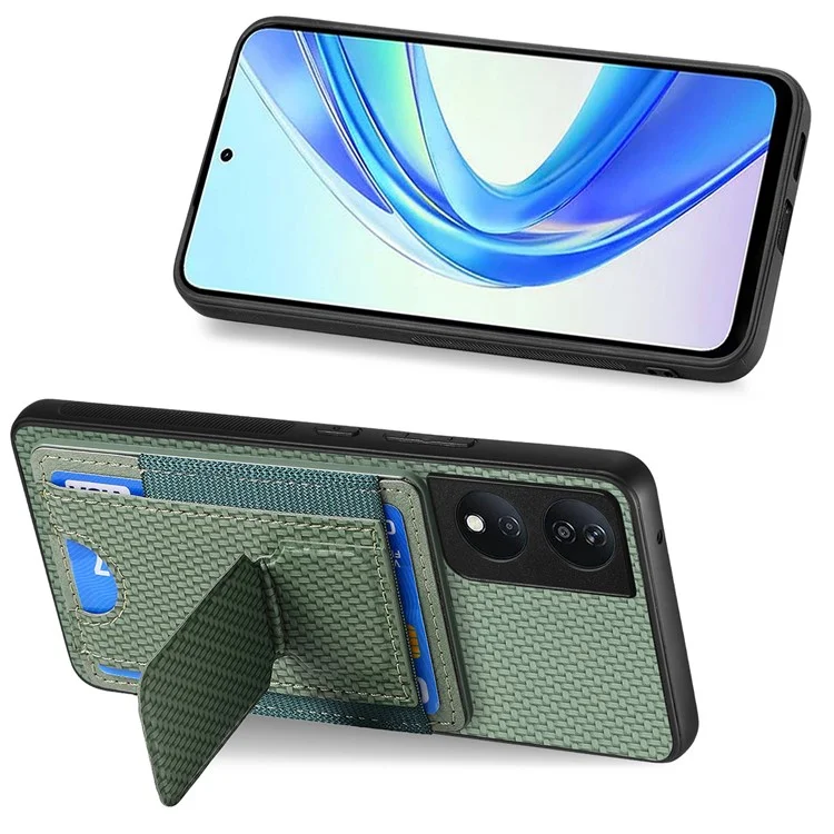 C1-13 For Honor 90 Smart / X7b 4G Case Card Holder Carbon Fiber Texture Leather+TPU Cover - Vert