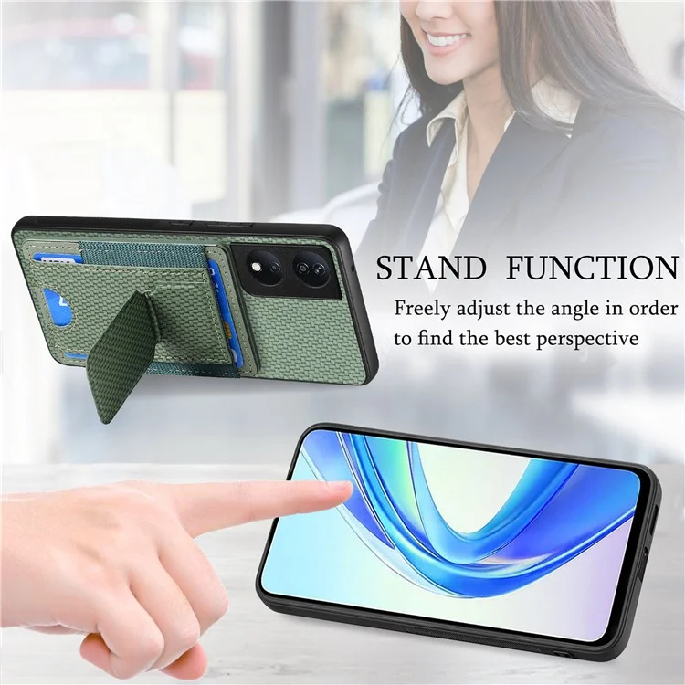 C1-13 For Honor 90 Smart / X7b 4G Case Card Holder Carbon Fiber Texture Leather+TPU Cover - Vert