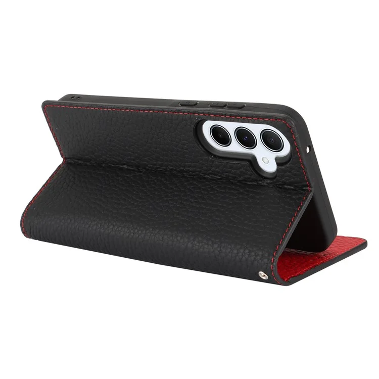 Pour Samsung Galaxy S24 FE Case Litchi Texture Genuine Cow Leather Phone Cover with Strap - Noir
