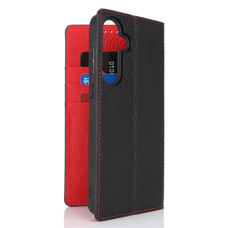 Pour Samsung Galaxy S24 FE Case Litchi Texture Genuine Cow Leather Phone Cover with Strap - Noir