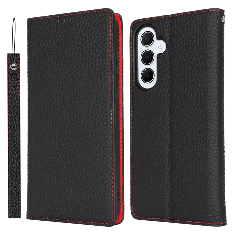 Para Samsung Galaxy A55 5G Wallet Case Genuine Cow Leather Phone Cover Litchi Texture - Blue