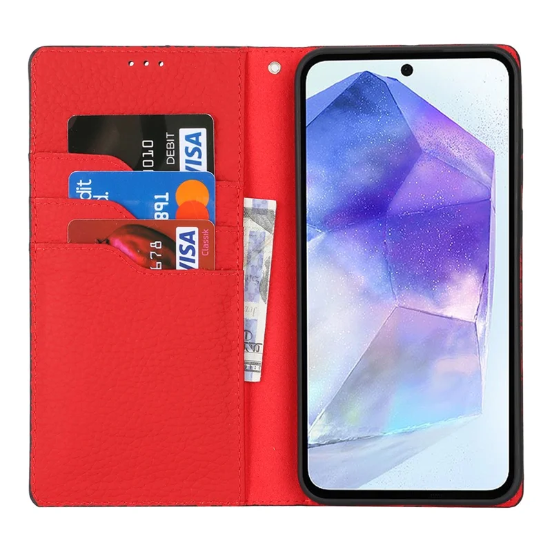 Para Samsung Galaxy A55 5G Wallet Case Genuine Cow Leather Phone Cover Litchi Texture - Blue