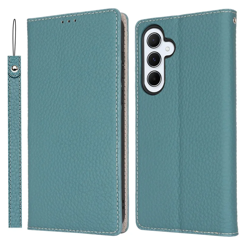 For Samsung Galaxy A55 5G Wallet Case Genuine Cow Leather Phone Cover Litchi Texture - Baby Blue