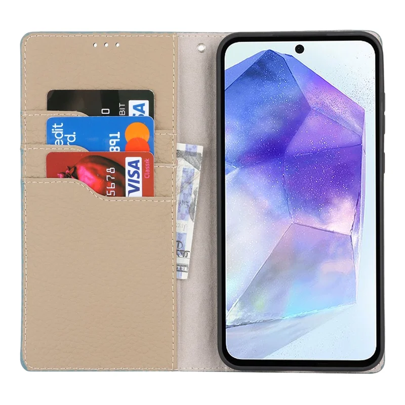 For Samsung Galaxy A55 5G Wallet Case Genuine Cow Leather Phone Cover Litchi Texture - Baby Blue