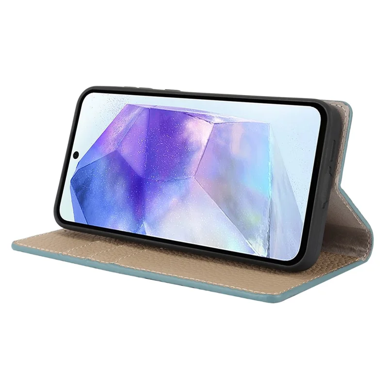 For Samsung Galaxy A55 5G Wallet Case Genuine Cow Leather Phone Cover Litchi Texture - Baby Blue