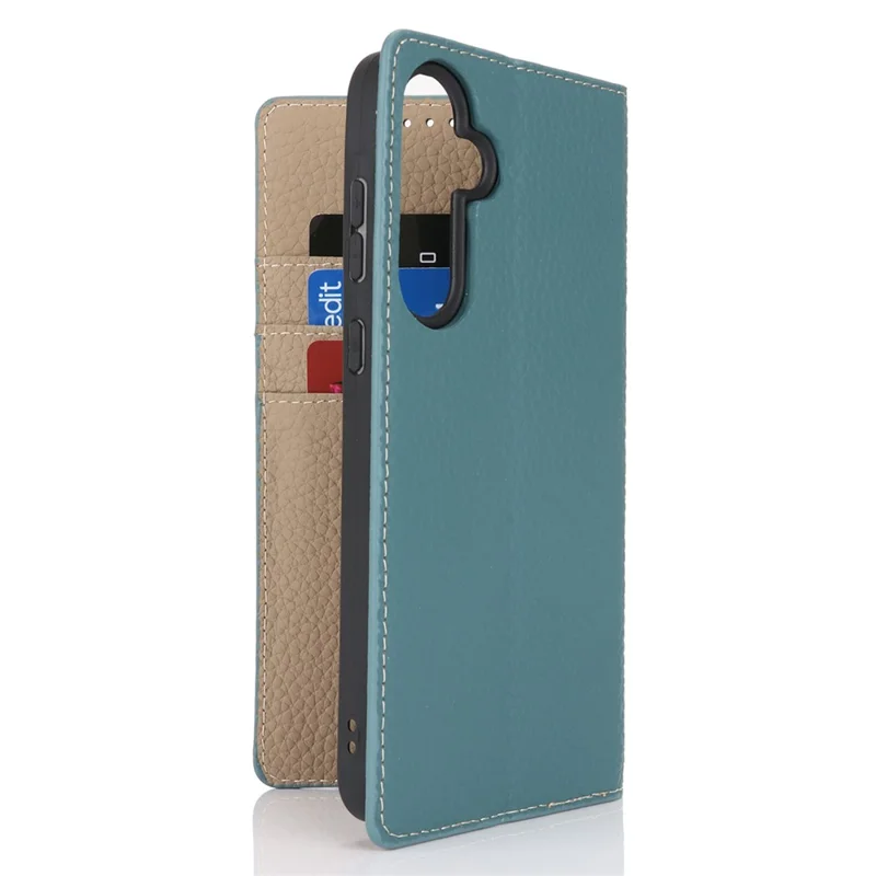 For Samsung Galaxy A55 5G Wallet Case Genuine Cow Leather Phone Cover Litchi Texture - Baby Blue