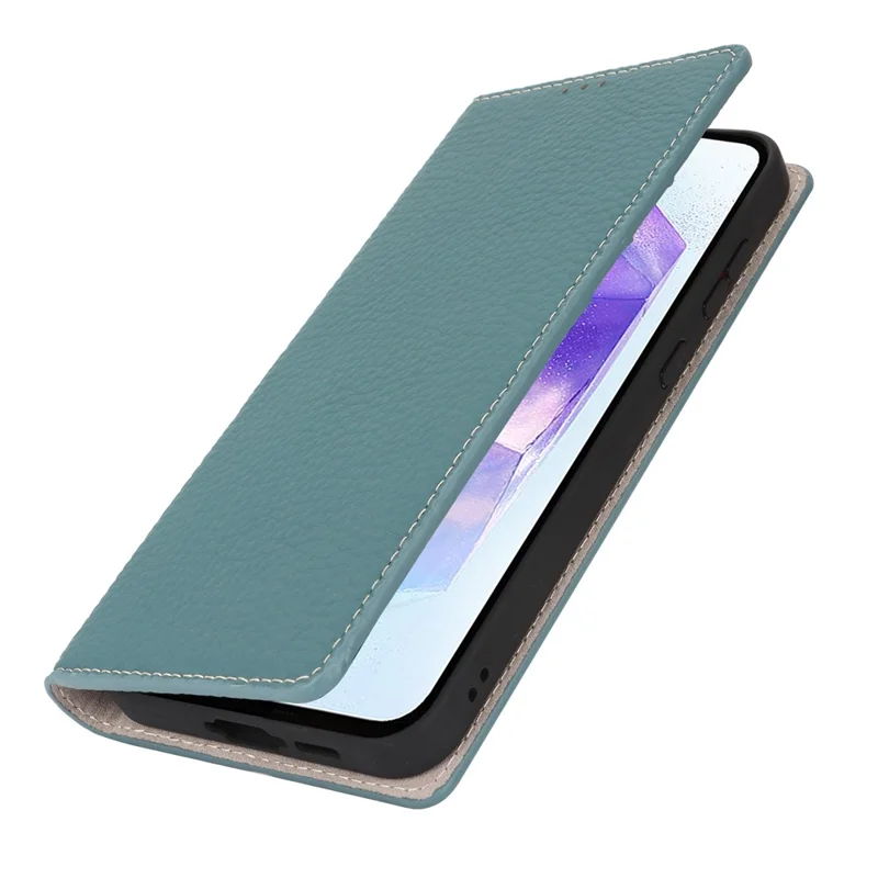 For Samsung Galaxy A55 5G Wallet Case Genuine Cow Leather Phone Cover Litchi Texture - Baby Blue